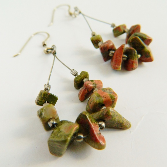 Unakite Sterling Silver & Steel Cable Earrings - Picture 3 of 5